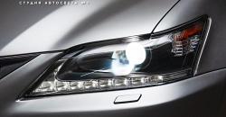 Lexus GS — покраска фар, восстановление прозрачности: шлифовка стекол фар, полировка (изнутри, снаружи); бронирование фар пленкой SunTek PPF, замена ламп — OSRAM Xenarc Cool Blue Intence