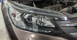 Honda CR-V - устранение запотевания фар, замена линз в фарах на biled модули Aozoom Dragon Knight, восстановление прозрачности стёкол фар, бронирование фар антигравийной плёнкой