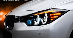 BMW F30 — ретрофит фар: квадробилед GNX Professional Series 3.0 + GTR Mini Bi-LED; светодиодные ромбовидные глазки ДХО + динамический поворотник, покраска в черный глянец