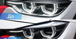 BMW F30 — покраска фар в черный глянец, полировка стекол