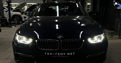 BMW F30 - замена линз в фарах на biled модули GNX Silver с мягкой стг, антихром фар, замена стёкол фар, бронирование фар