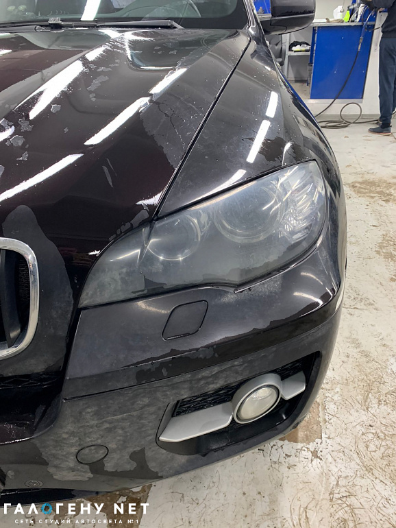 BMW X6 E71 - замена линз в фарах на biled модули MTF Laser Jet, замена стёкол фар, бронирование фар антигравийной плёнкой