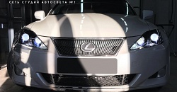 Lexus IS 250 — квадробилед; установка комплектов светодиодных линз GNX Professional Series 3.0 и GTR Mini Bi-LED, замена стекол, покраска масок фар в черный мат