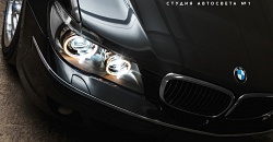 BMW 7 series E66 — установка четырех светодиодных линз Hella 3R LED (квадробилед), установка авторских светодиодных ангельских глазок ДХО, замена стекол, бронирование фар полиуретановой пленкой