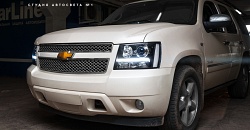 Chevrolet Tahoe — установка бидиодных линз CNLight Yike в галогенные фары, установка светодиодных полос ДХО собственного производства