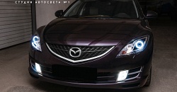 Mazda 6 GH — установка авторских светодиодных ангельских глазок ДХО, замена штатных линз на бимодули Aozoom A3+ Bi-LED, замена ламп в ПТФ, полировка стекол, бронирование фар