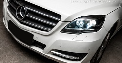Mercedes-Benz R-class — тюнинг фар, замена линз на светодиодные бимодули GNX Professional Series 3.0, покраска масок фар в черный матовый цвет, полировка стекол