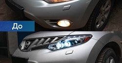 Nissan Murano Z51 — замена линз на сверхяркие биксеноновые модули Hella 3R, установка светодиодных ПТФ Osram LEDriving FOG PL, восстановление прозрачности стекол, бронирование стекол