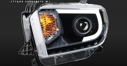 Toyota Tundra рестайлинг — врезка биксеноновых линз Hella 3R, установка авторских светодиодных полосок ДХО, покраска масок
