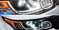 Land Rover Range Rover Sport - замена штатных линз AFL на светодиодные билинзы OPTIMA Professional Series 3.0 с помощью AFL переходных рамок, покраска масок, восстановление прозрачности стекол