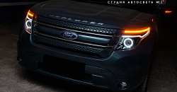 Ford Explorer V — установка авторских светодиодных ДХО, ангельских глазок и поворотников; замена линз на светодиодные бимодули KOITO Bi-LED
