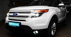 Ford Explorer V — замена модулей на светодиодные Koito Bi-LED, установка ДХО Osram LEDriving FOG PL, бронирование фар полиуретановой пленкой SunTek PPF, установка защитной сетки в бампер