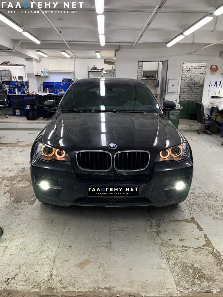 BMW X6 E71 - замена линз в фарах на biled модули MTF Laser Jet, замена стёкол фар, бронирование фар антигравийной плёнкой